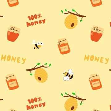 Honey seamless pattern in doodle style with a bee, honey spoon, beehive, and let イラスト素材