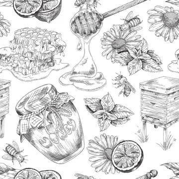 Honey seamless pattern with honeycombs and jars of honey, vector illustration. Stock Illustration