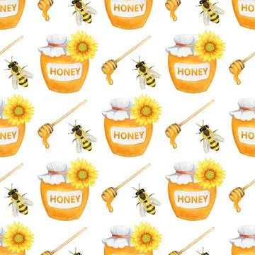 Honey seamless pattern with jar, spoon and bees, Watercolor repeat pattern Stock Illustration