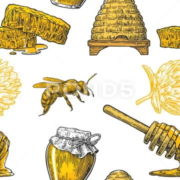 Honey Seamless Pattern. Jars, bee and honeycomb. Hand drawn design element... Stock Illustration