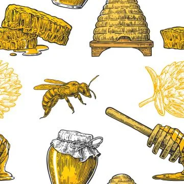 Honey Seamless Pattern. Jars, bee and honeycomb. Hand drawn design element... Stock Illustration