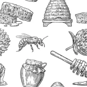 Honey Seamless Pattern. Jars, beer and honeycomb. Hand drawn design element.. Stock Illustration