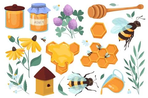 Honey set graphic elements in flat design. Bundle of honey jars, honeycomb,.. 스톡 일러스트