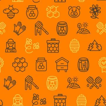 Honey Signs Seamless Pattern Background on a Orange. Vector Illustrazione stock