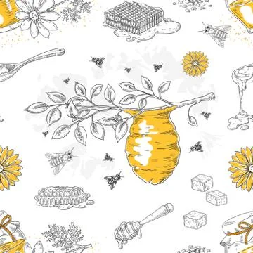 Honey sketch pattern. Hand drawn honeycomb and beehive seamless background with Ilustración de archivo