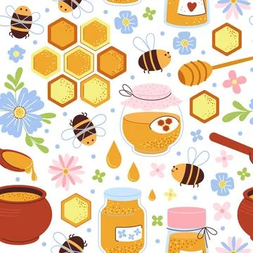 Honey sweet seamless pattern. Bee on meadow, beekeeping. Natural dessert in 스톡 일러스트