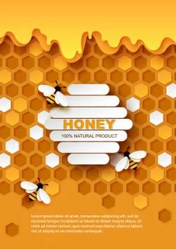 Honey vector poster template. Paper cut craft style honeycombs with flowing Stock Illustration