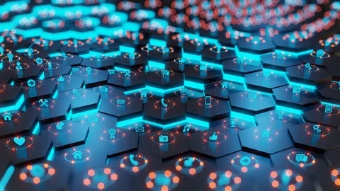 Honeycom hexagon pattern with blue light and social icons. Stock Footage 125444713