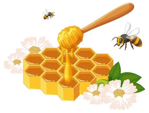 Honeycomb and Bees with Flowers Stock Illustration