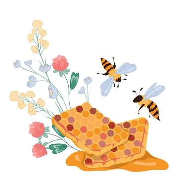 Honeycomb with flying above it bees and flowers, flat vector illustration iso Illustrazione stock