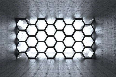 Honeycomb hexagonal grid window casting light and geometric shadows in concrete Stock Illustration