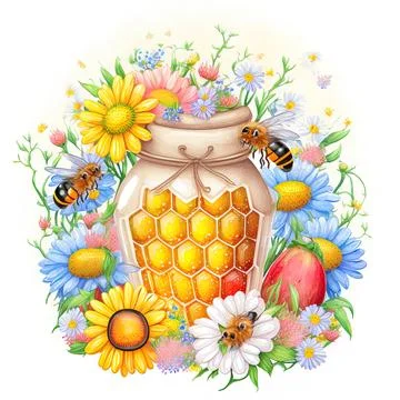 Honeycomb honey and medicinal flowers graphics and watercolors. Daisies, Stock Illustration