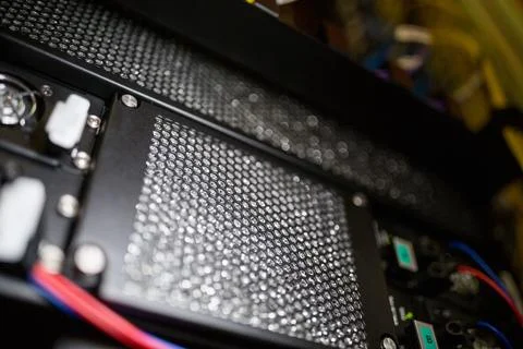 Honeycomb mesh panel is being shown in 3D render interior, featuring fans, power Stock Photos