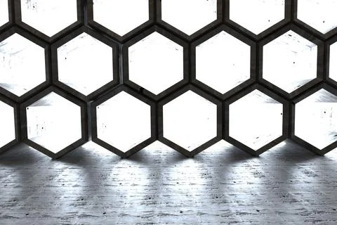 Honeycomb metal frames wall is glowing in 3D interior render, casting shadows on Stock Illustration