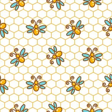 Honeycomb pattern and bees line vector background Illustrazione stock