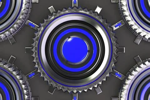 Honeycomb pattern of concentric metal shapes with blue elements 스톡 일러스트