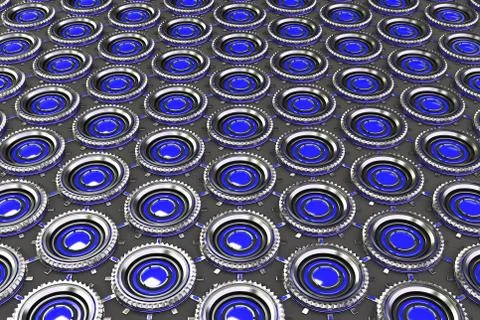 Honeycomb pattern of concentric metal shapes with blue elements イラスト素材