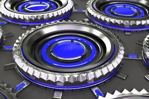Honeycomb pattern of concentric metal shapes with blue elements Stock Illustration