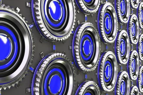 Honeycomb pattern of concentric metal shapes with blue elements Illustrazione stock