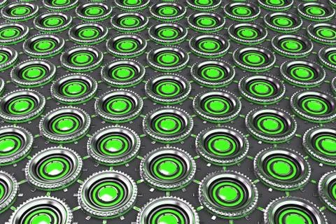 Honeycomb pattern of concentric metal shapes with green elements Stock Illustration