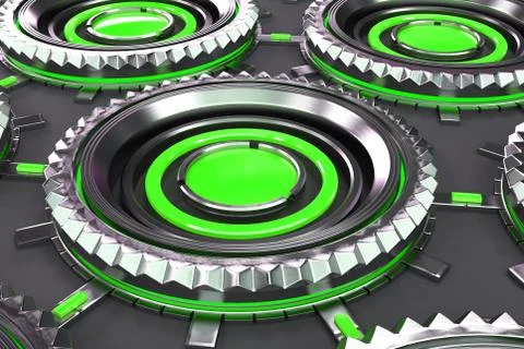 Honeycomb pattern of concentric metal shapes with green elements 스톡 일러스트