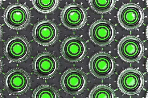 Honeycomb pattern of concentric metal shapes with green elements Stockillustratie