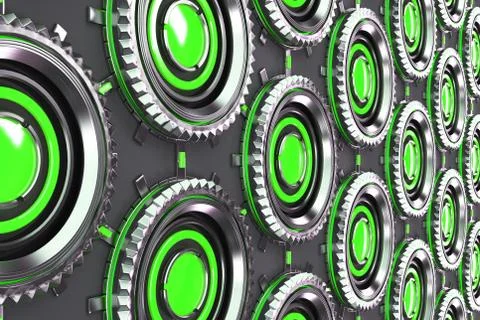 Honeycomb pattern of concentric metal shapes with green elements Stock Illustration