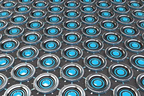 Honeycomb pattern of concentric metal shapes with blue elements Stock Illustration