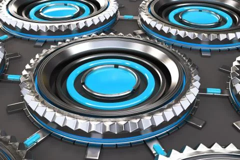 Honeycomb pattern of concentric metal shapes with blue elements Stock Illustration