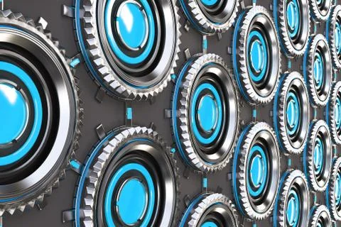 Honeycomb pattern of concentric metal shapes with blue elements Illustrazione stock