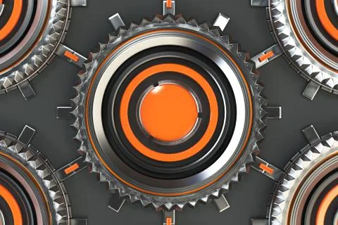 Honeycomb pattern of concentric metal shapes with orange elements Illustrazione stock