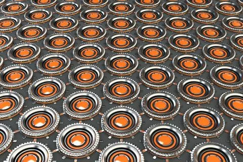 Honeycomb pattern of concentric metal shapes with orange elements Stock Illustration