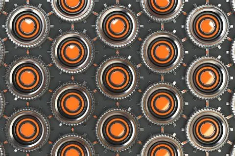 Honeycomb pattern of concentric metal shapes with orange elements Illustrazione stock