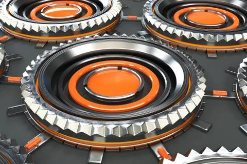 Honeycomb pattern of concentric metal shapes with orange elements Illustrazione stock