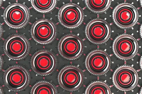 Honeycomb pattern of concentric metal shapes with red elements Stock Illustration