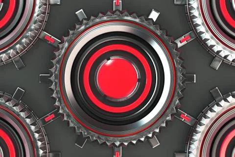 Honeycomb pattern of concentric metal shapes with red elements Stock Illustration