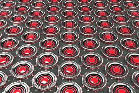 Honeycomb pattern of concentric metal shapes with red elements Stock Illustration