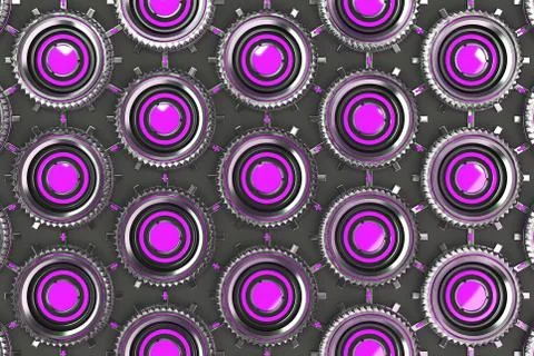 Honeycomb pattern of concentric metal shapes with violet elements Stock Illustration