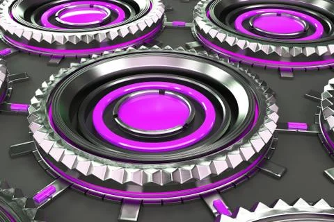 Honeycomb pattern of concentric metal shapes with violet elements Stock Illustration