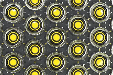 Honeycomb pattern of concentric metal shapes with yellow elements Stock Illustration