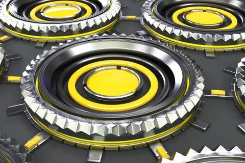 Honeycomb pattern of concentric metal shapes with yellow elements Stock Illustration