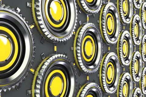 Honeycomb pattern of concentric metal shapes with yellow elements Illustrazione stock