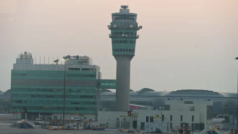 Hong Kong Airport Control Tower Dusk Air Traffic Navigation Infrastructure Stock Footage 335962053