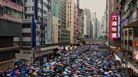 Hong Kong, China - August, 2019: peaceful demonstration of people crowd with Stock Footage