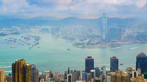 Hong Kong Cityscape High Viewpoint Of Victoria Peak 4K Time Lapse (tilt up) Stock Footage 72270816