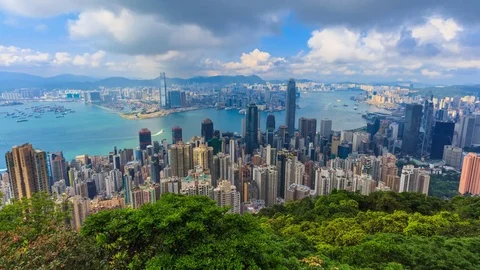 Hong Kong Cityscape High Viewpoint Of The Victoria Peak 4K Time Lapse (pan up) Stock Footage 80279461