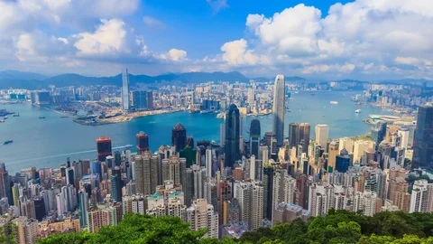 Hong Kong Cityscape High Viewpoint Of The Victoria Peak 4K Time Lapse (pan left) Stock Footage 80280789
