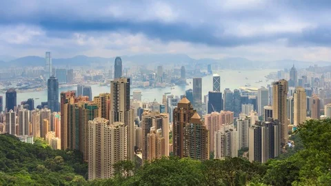 Hong Kong Cityscape High Viewpoint Of The Peak 4K Time Lapse (pan down) Stock Footage 80478884