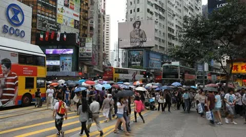 Hong Kong Crowds Rush Hour Fashion Area, Crowded Street, Car, Bus Traffic Stock Footage 12439904