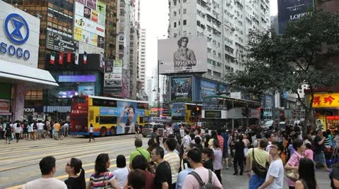 Hong Kong Crowds Rush Hour Shopping Area, Crowded Street, Car, Bus Traffic Stock Footage